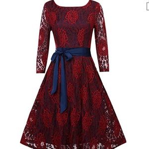 Women’s half sleeve flare lace bow cocktail dress